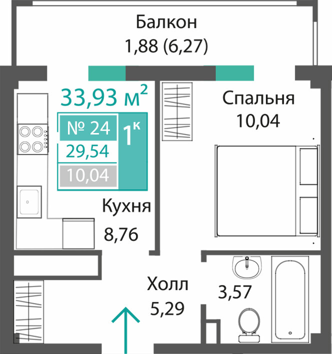 Планировка: 1-комнатная · 29,54 м²