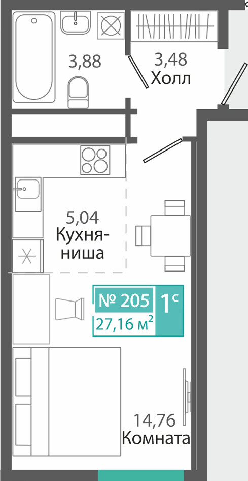 Планировка: 1-комнатная · 27,16 м²