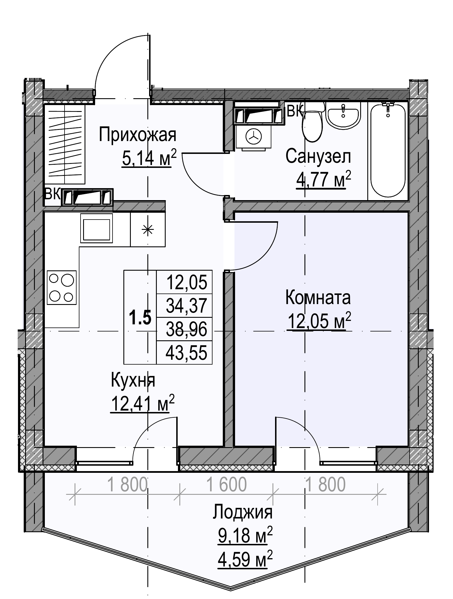 Планировка: 1-комнатная · 38,96 м²