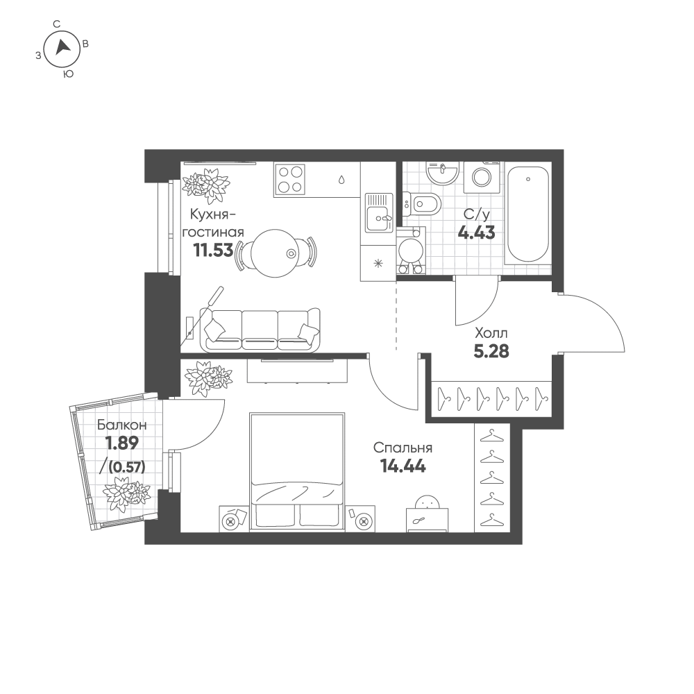Планировка: 1-комнатная · 36,25 м²