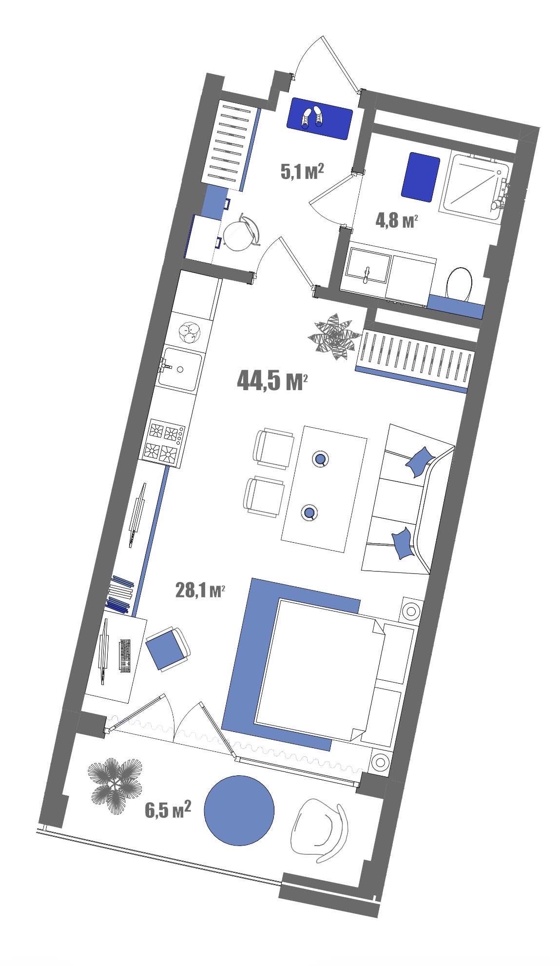 Планировка: Студия · 43,36 м²