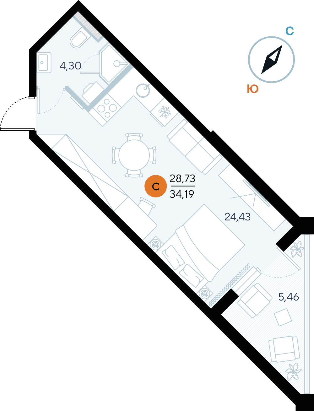 Планировка: Студия · 34,19 м²