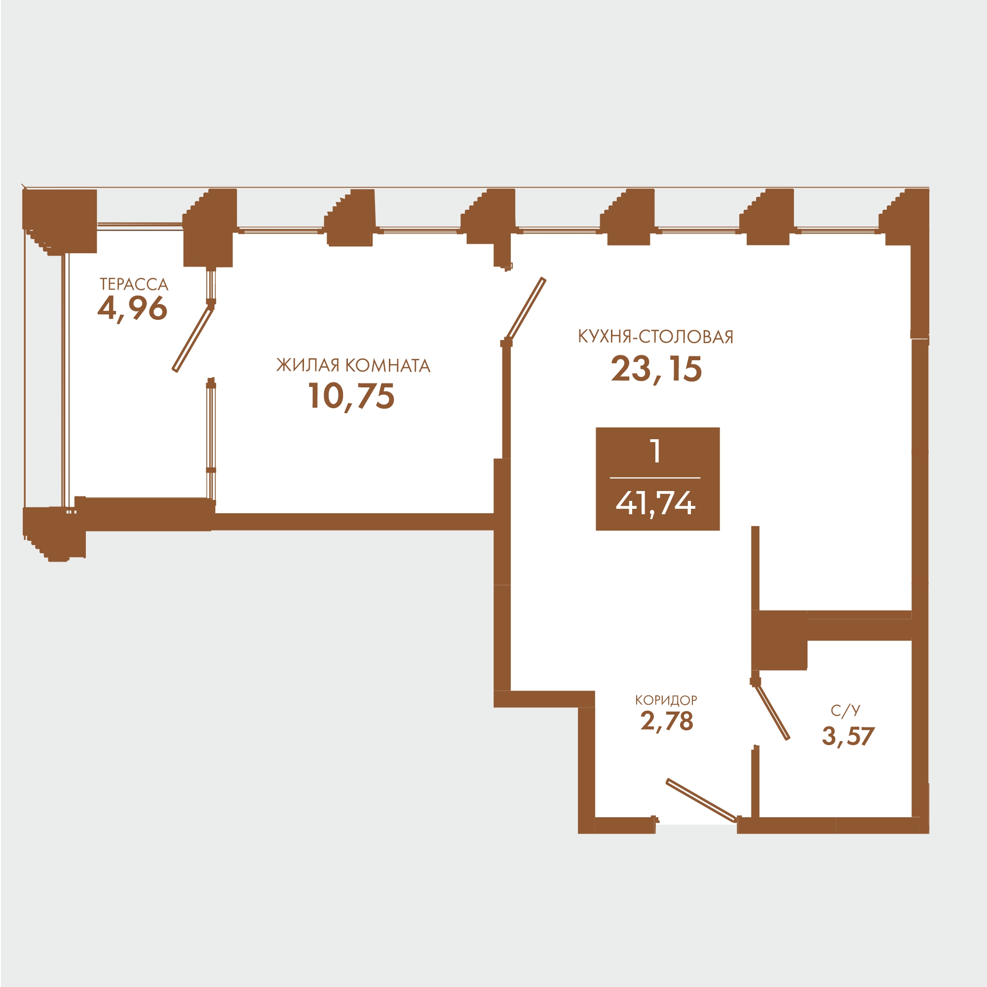 Планировка: 1-комнатная · 41,74 м²