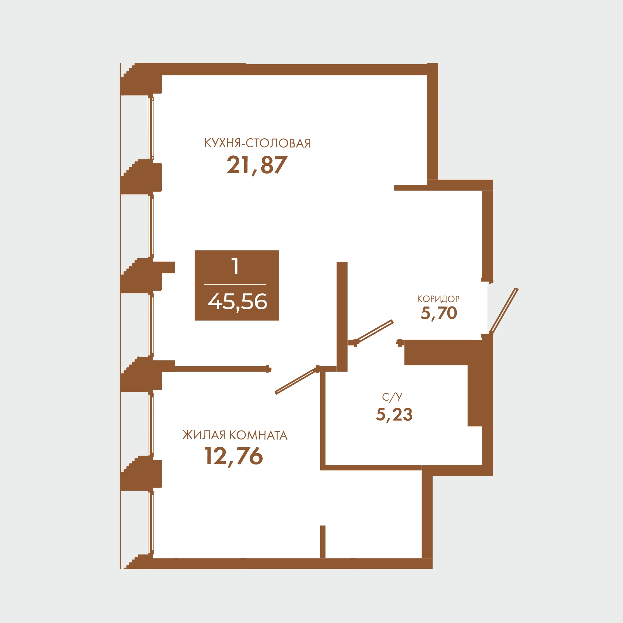 Планировка: 1-комнатная · 45,56 м²
