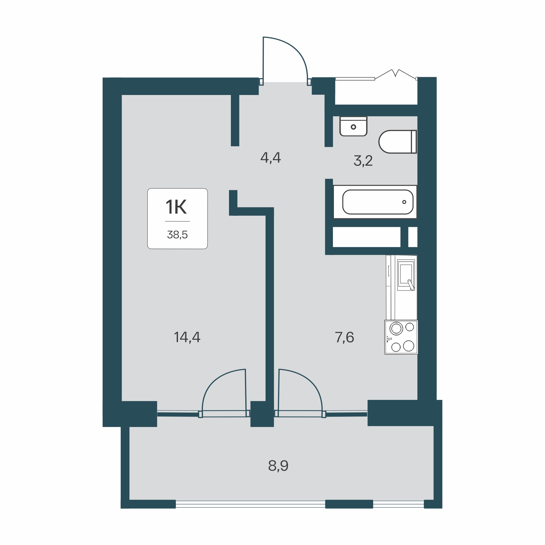Планировка: 1-комнатная · 38,5 м²