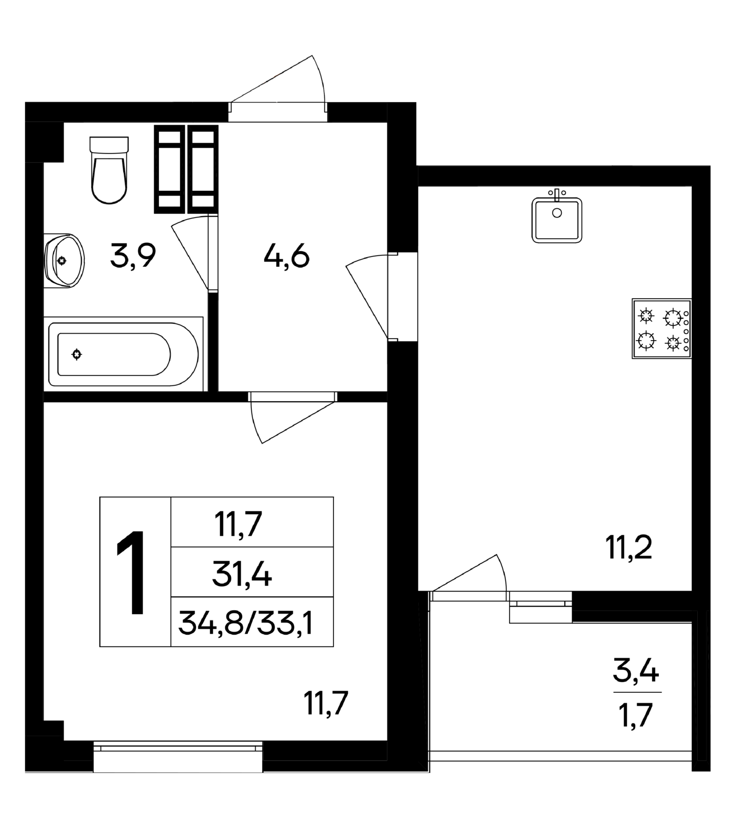 Планировка: 1-комнатная · 34,8 м²