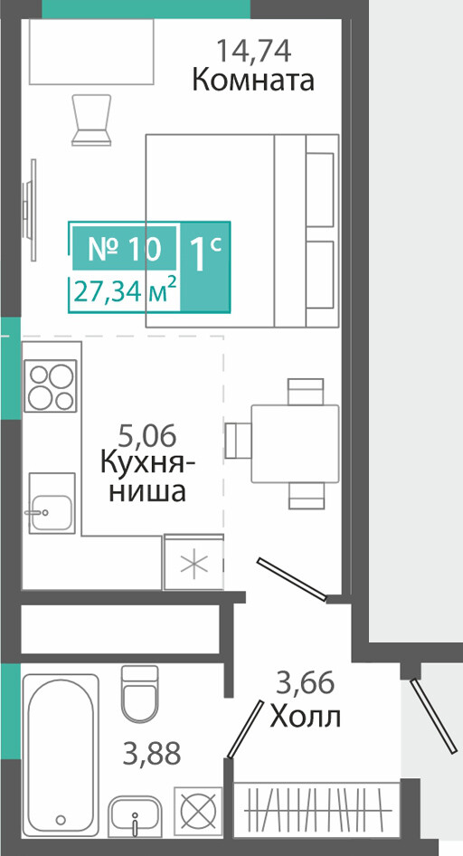 Планировка: 1-комнатная · 27,34 м²