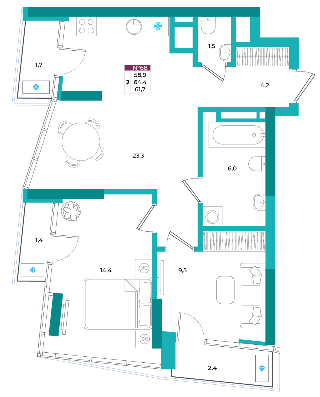 Планировка: 2-комнатная · 61,7 м²