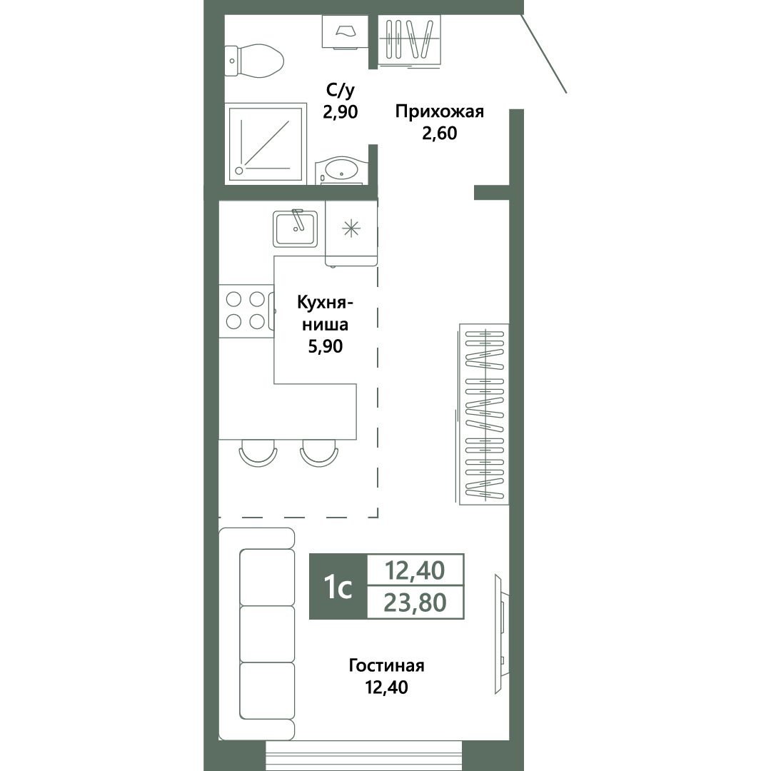 Планировка: 1-комнатная · 23,9 м²