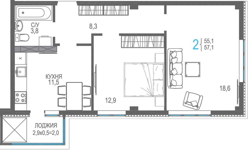 Планировка: 2-комнатная · 59,1 м²