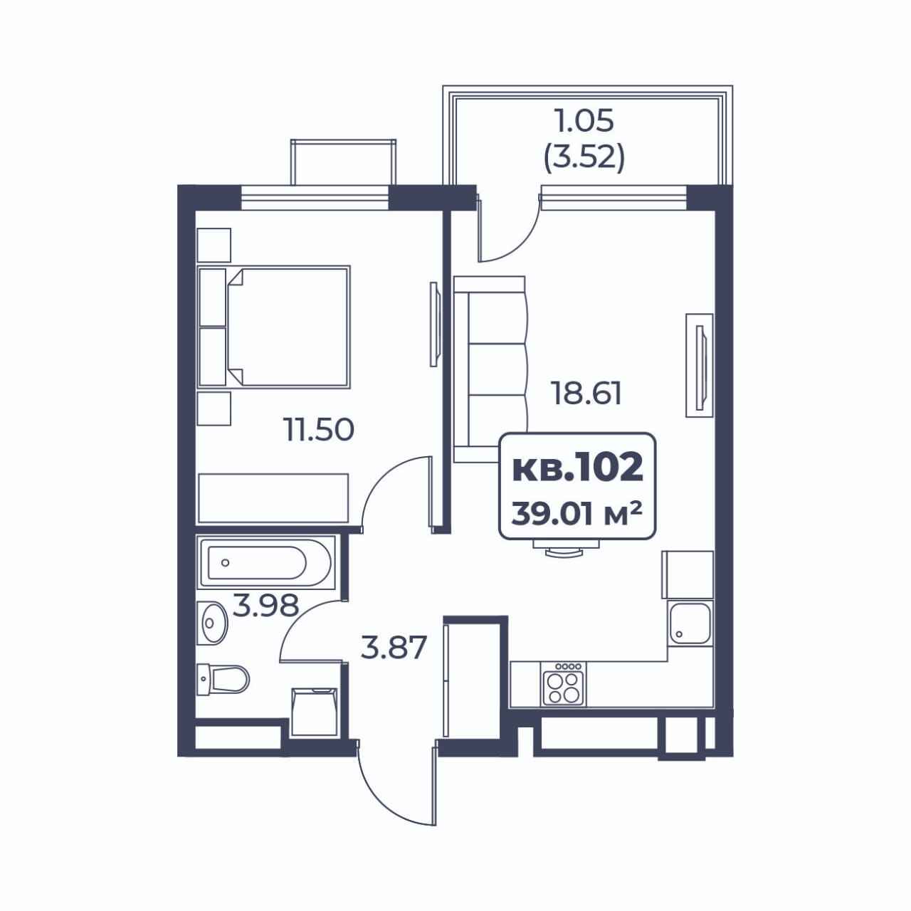 Планировка: 1-комнатная · 39,01 м²