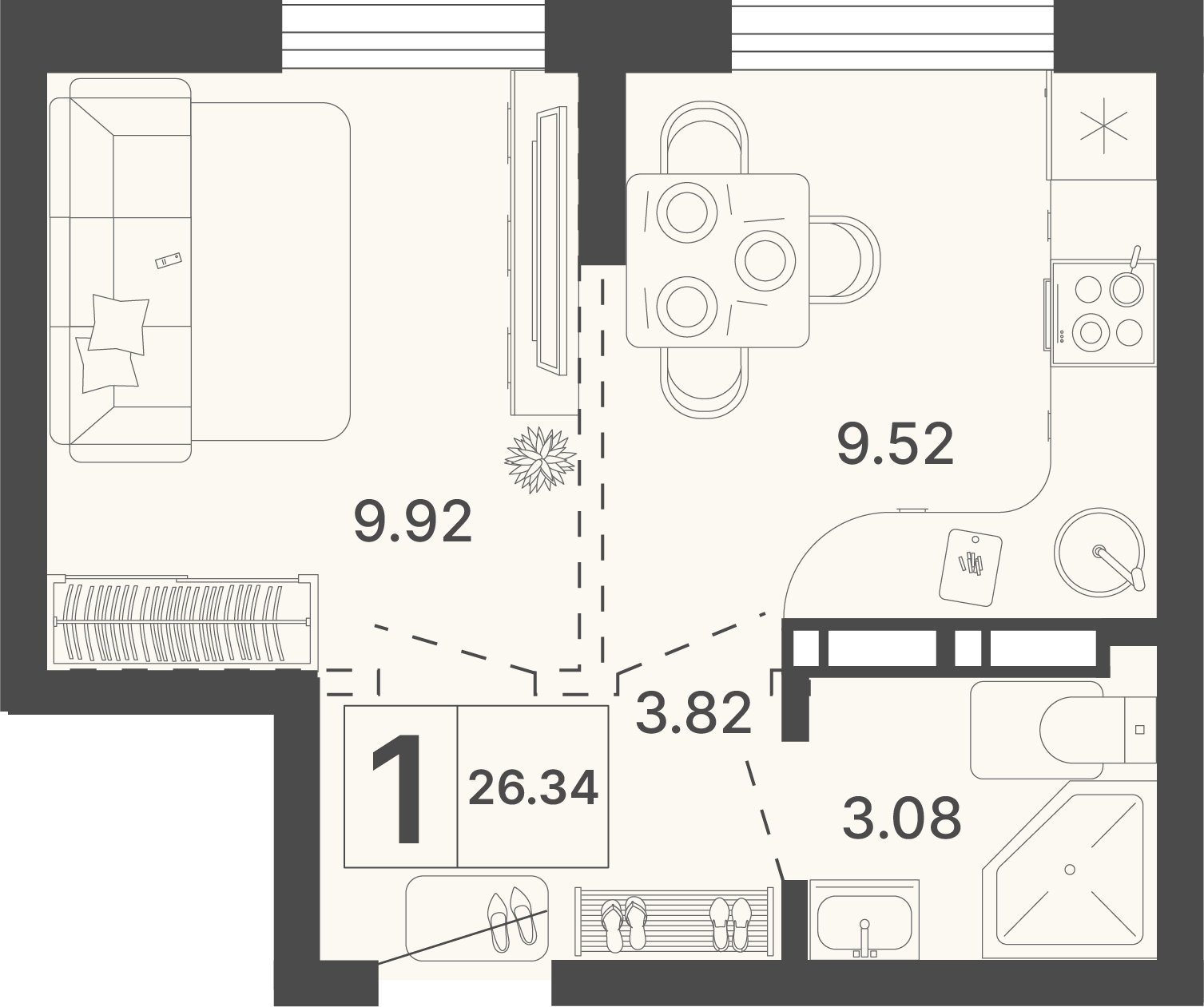 Планировка: 1-комнатная · 26,34 м²