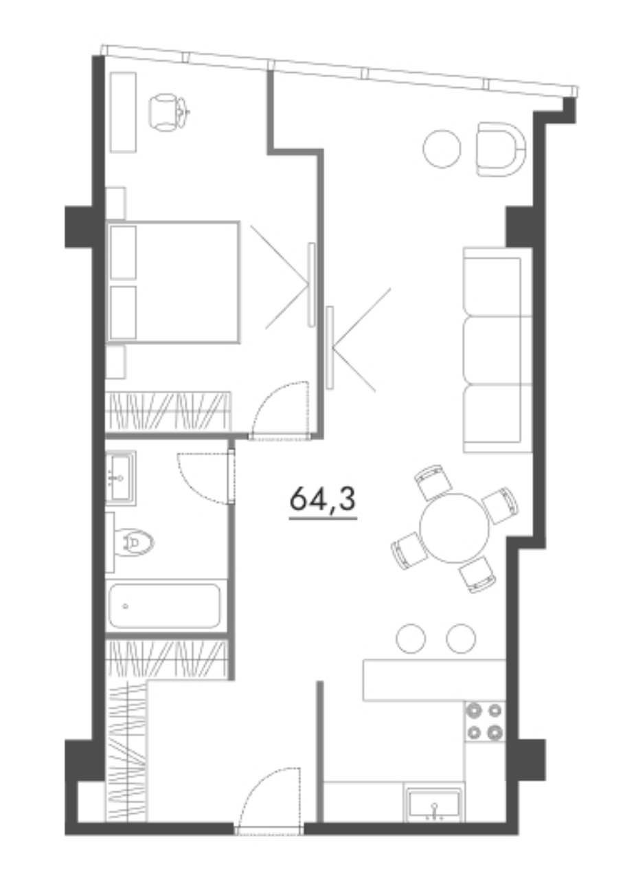 Планировка: 2-комнатная · 64,3 м²
