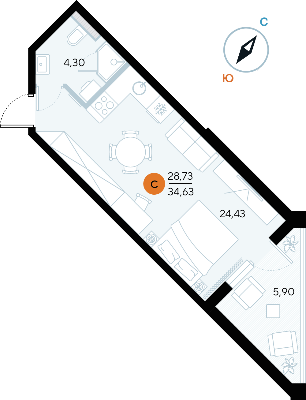 Планировка: Студия · 34,63 м²