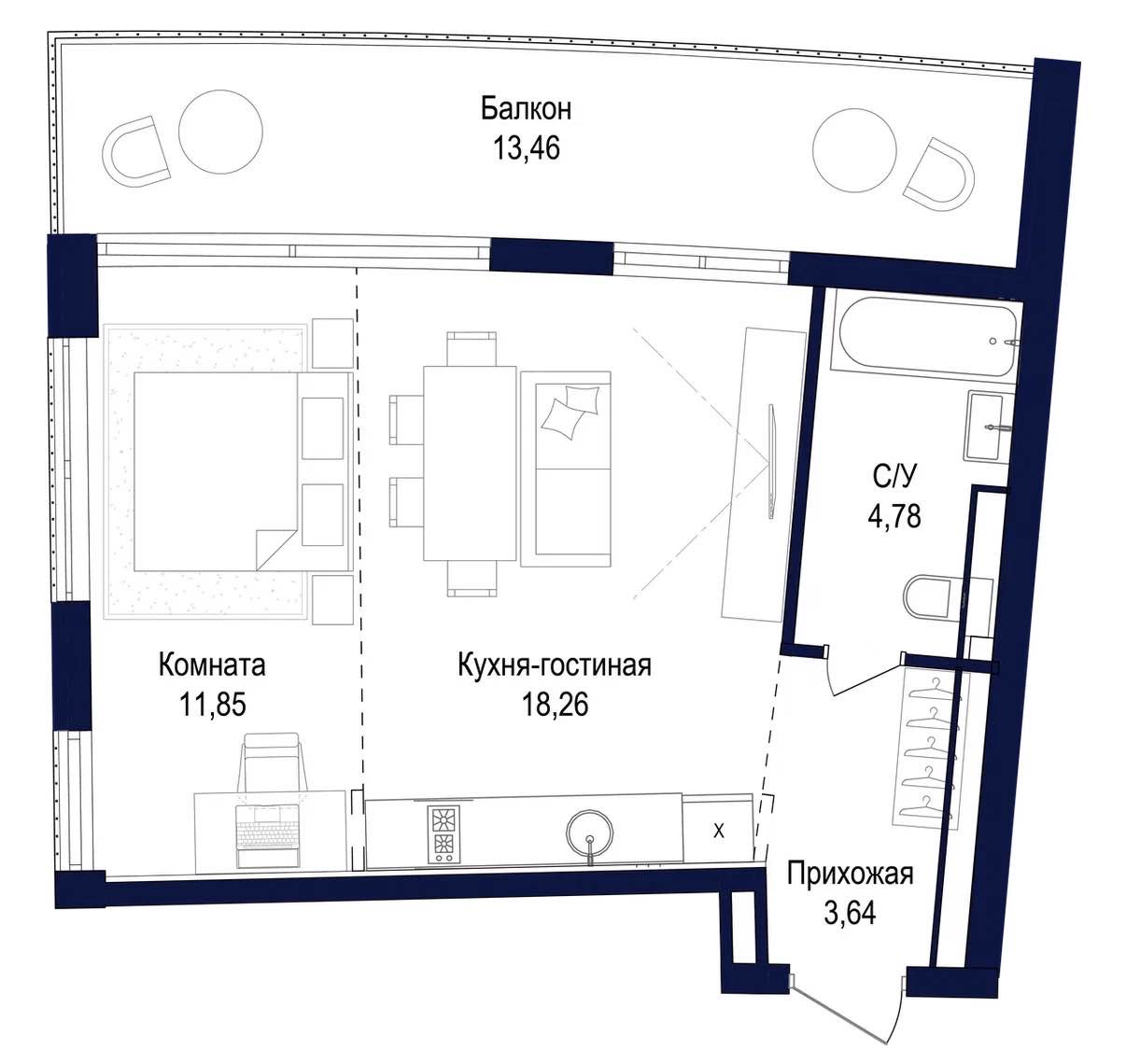 Планировка: Студия · 51,99 м²