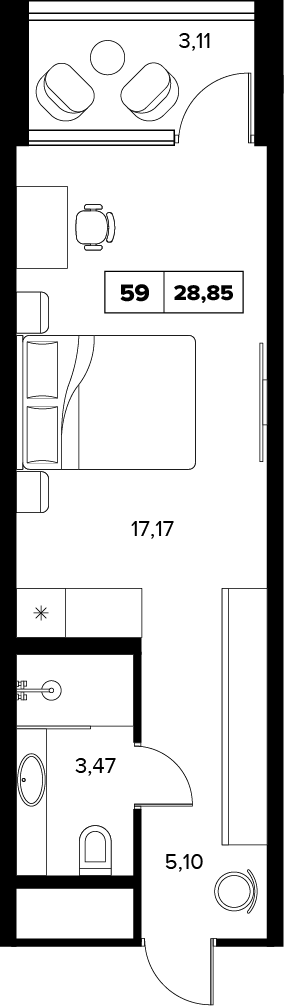 Планировка: 1-комнатная · 28,85 м²