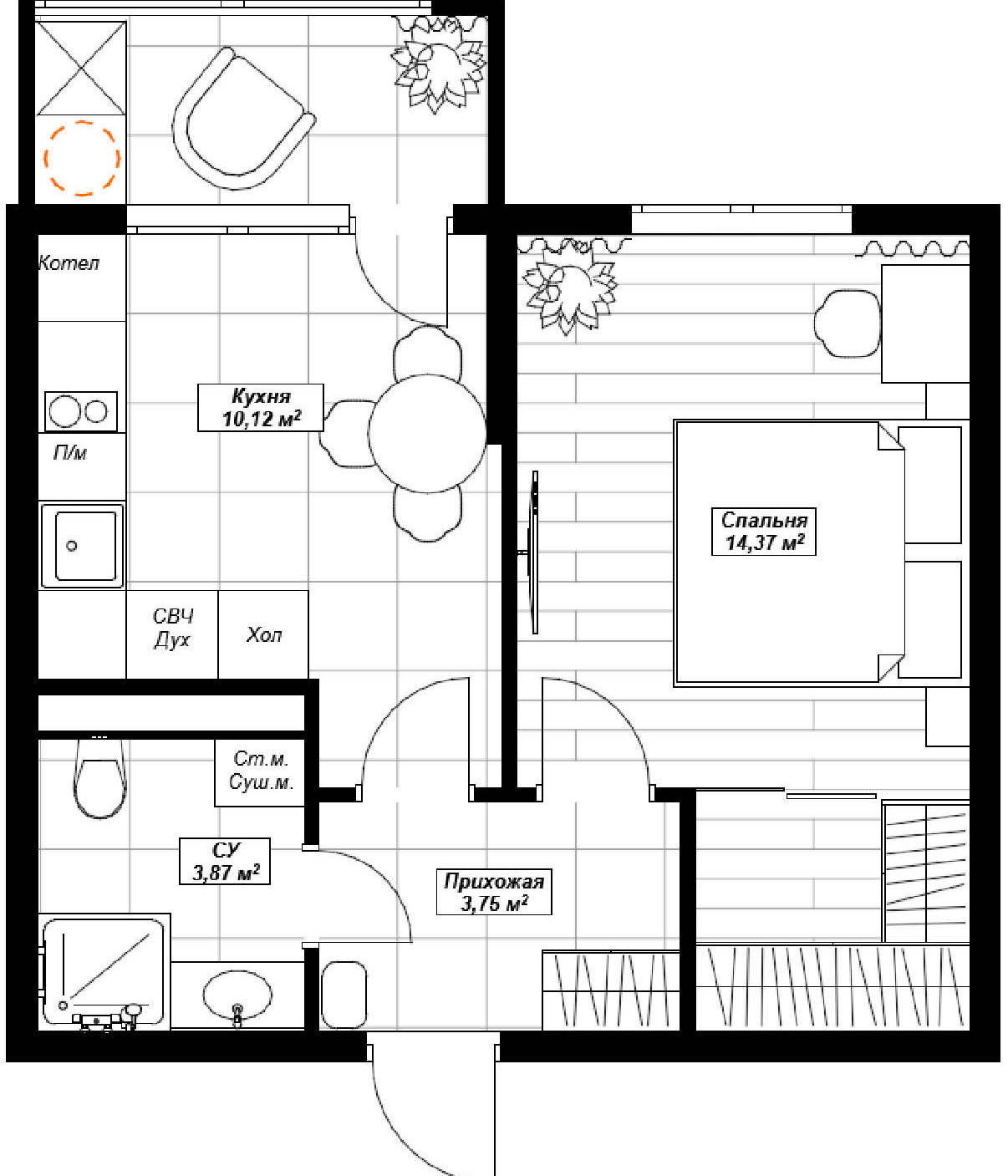 Планировка: 1-комнатная · 35 м²