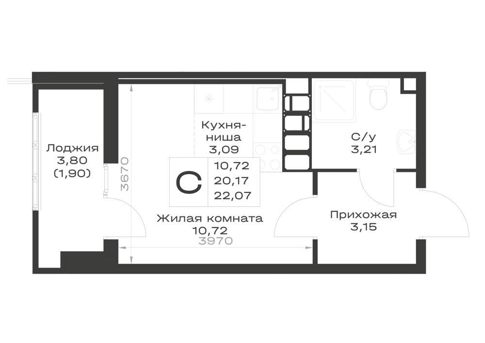 Планировка: Студия · 22,07 м²