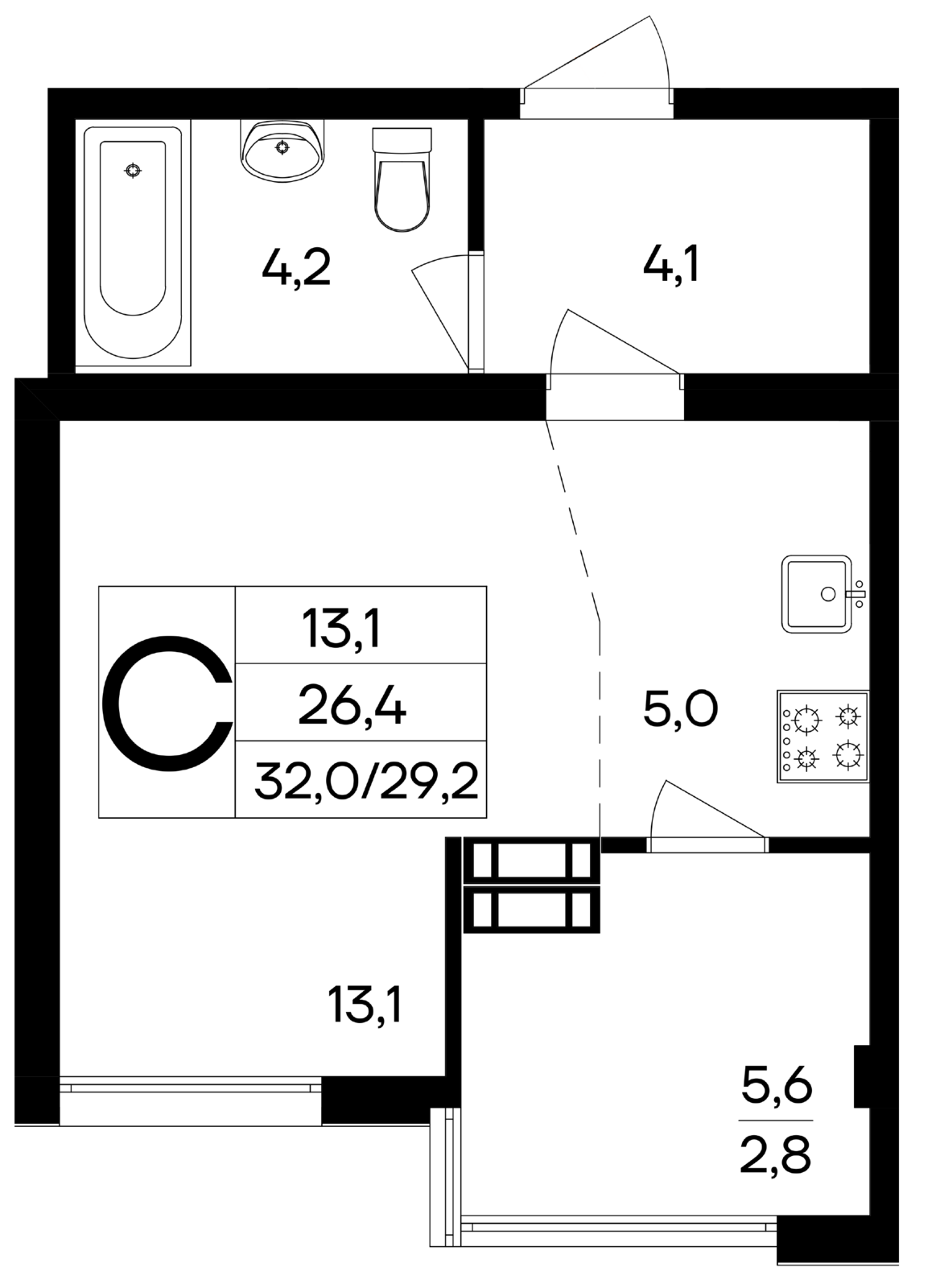 Планировка: Студия · 32 м²
