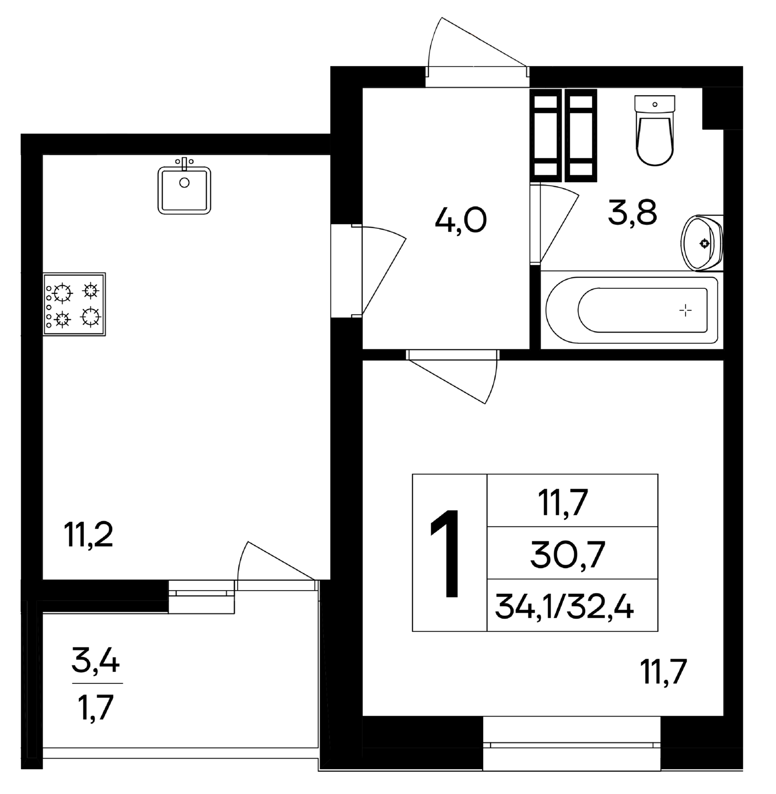 Планировка: 1-комнатная · 34,1 м²