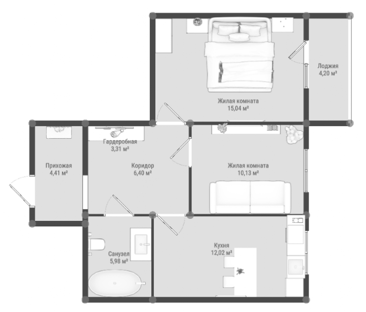 Планировка: 2-комнатная · 59,39 м²