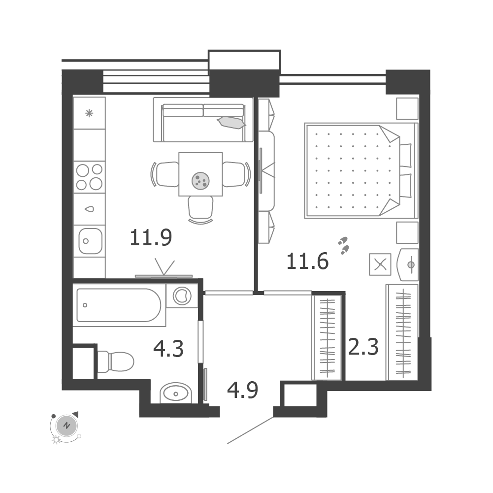 Планировка: 1-комнатная · 34,6 м²