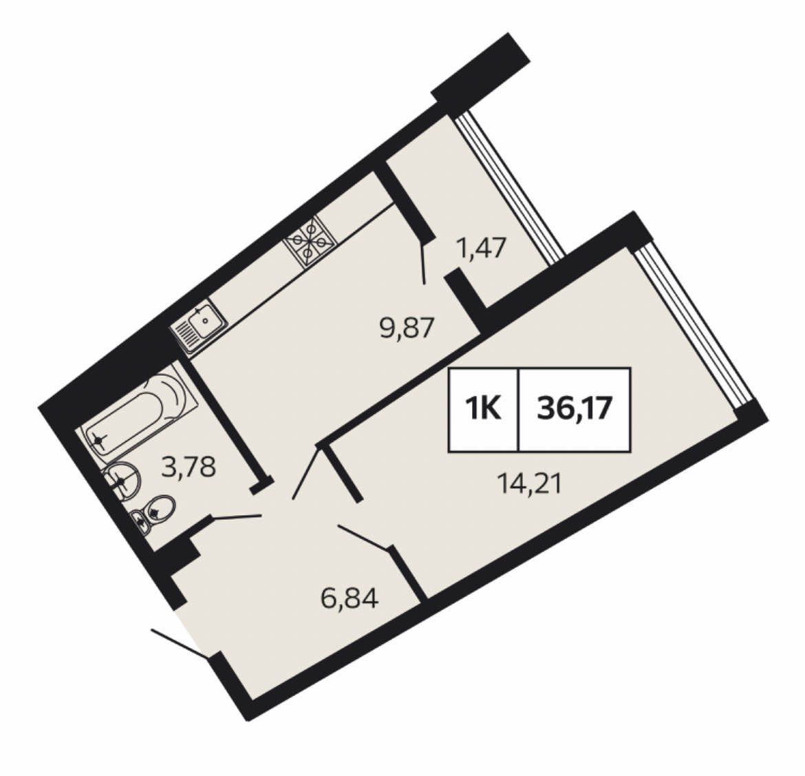 Планировка: 1-комнатная · 36,17 м²