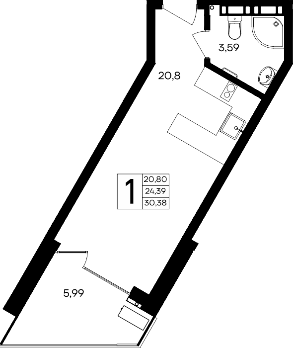 Планировка: 1-комнатная · 30,38 м²