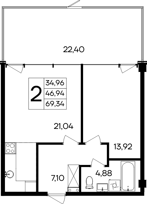Планировка: Студия · 69,34 м²
