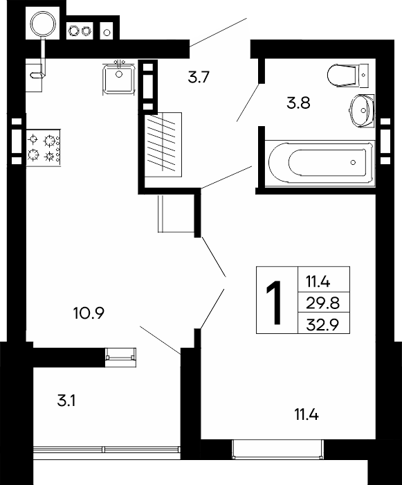 Планировка: 1-комнатная · 32,9 м²