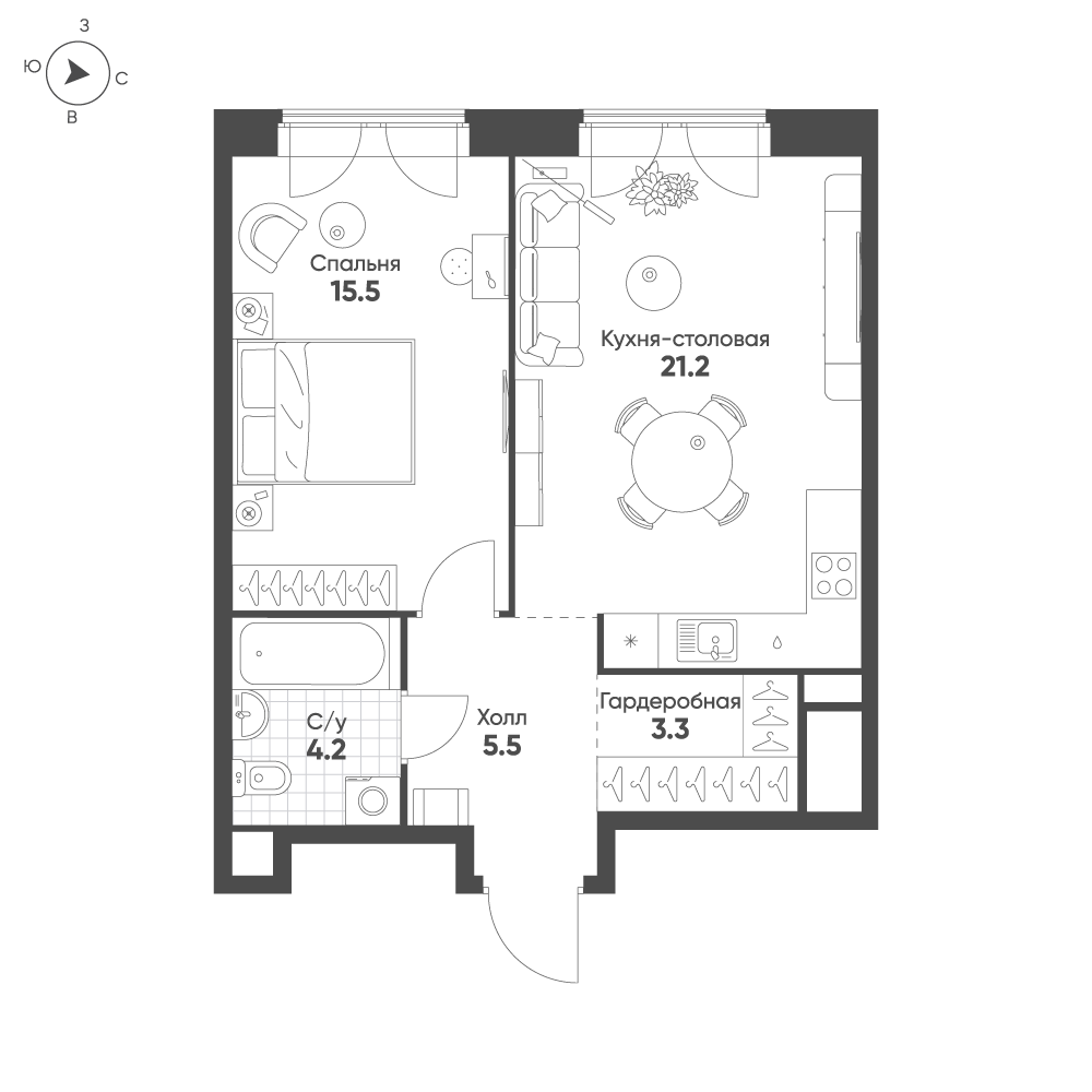 Планировка: 1-комнатная · 49,7 м²