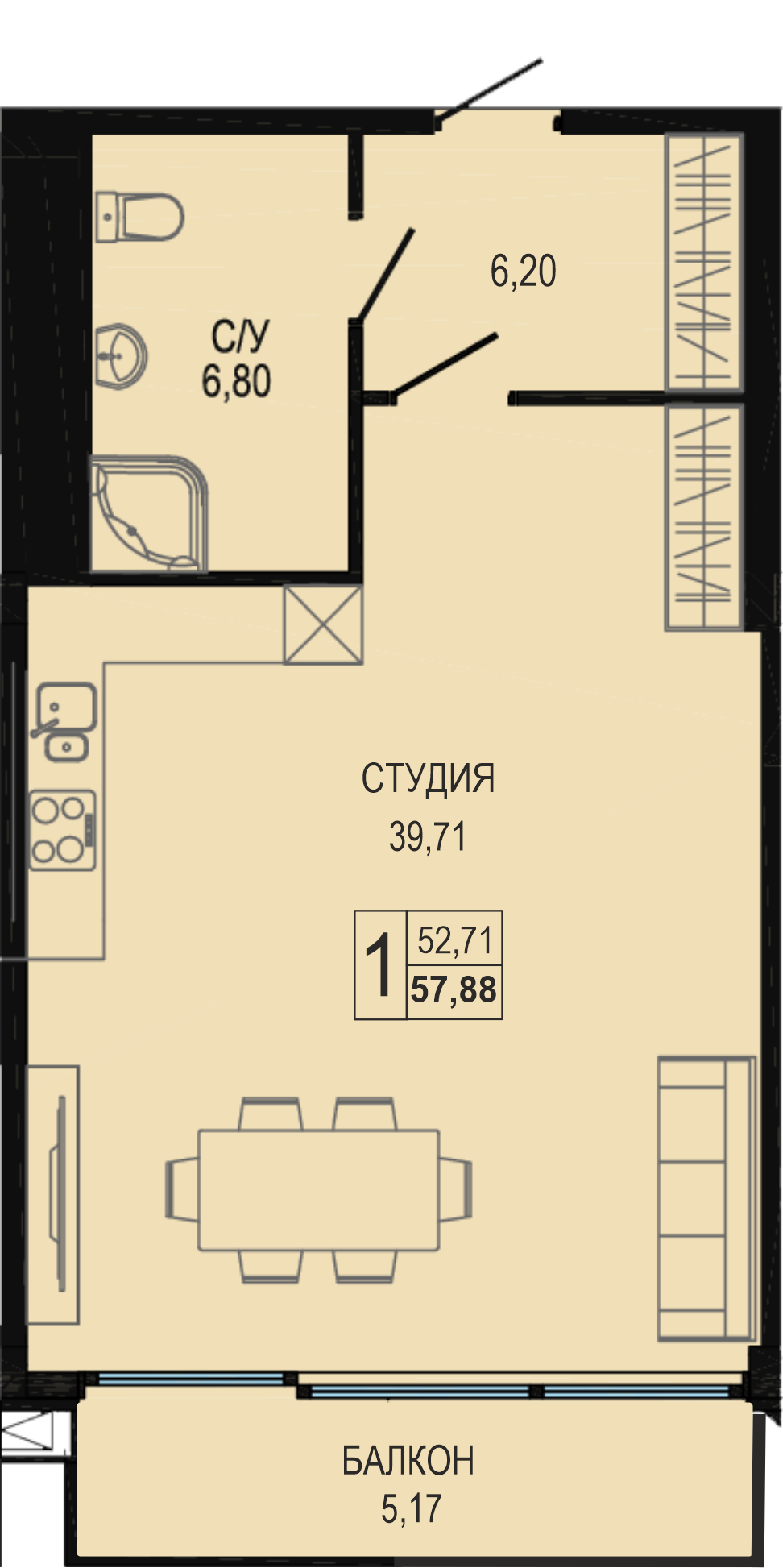 Планировка: Апартаменты · 57,1 м²