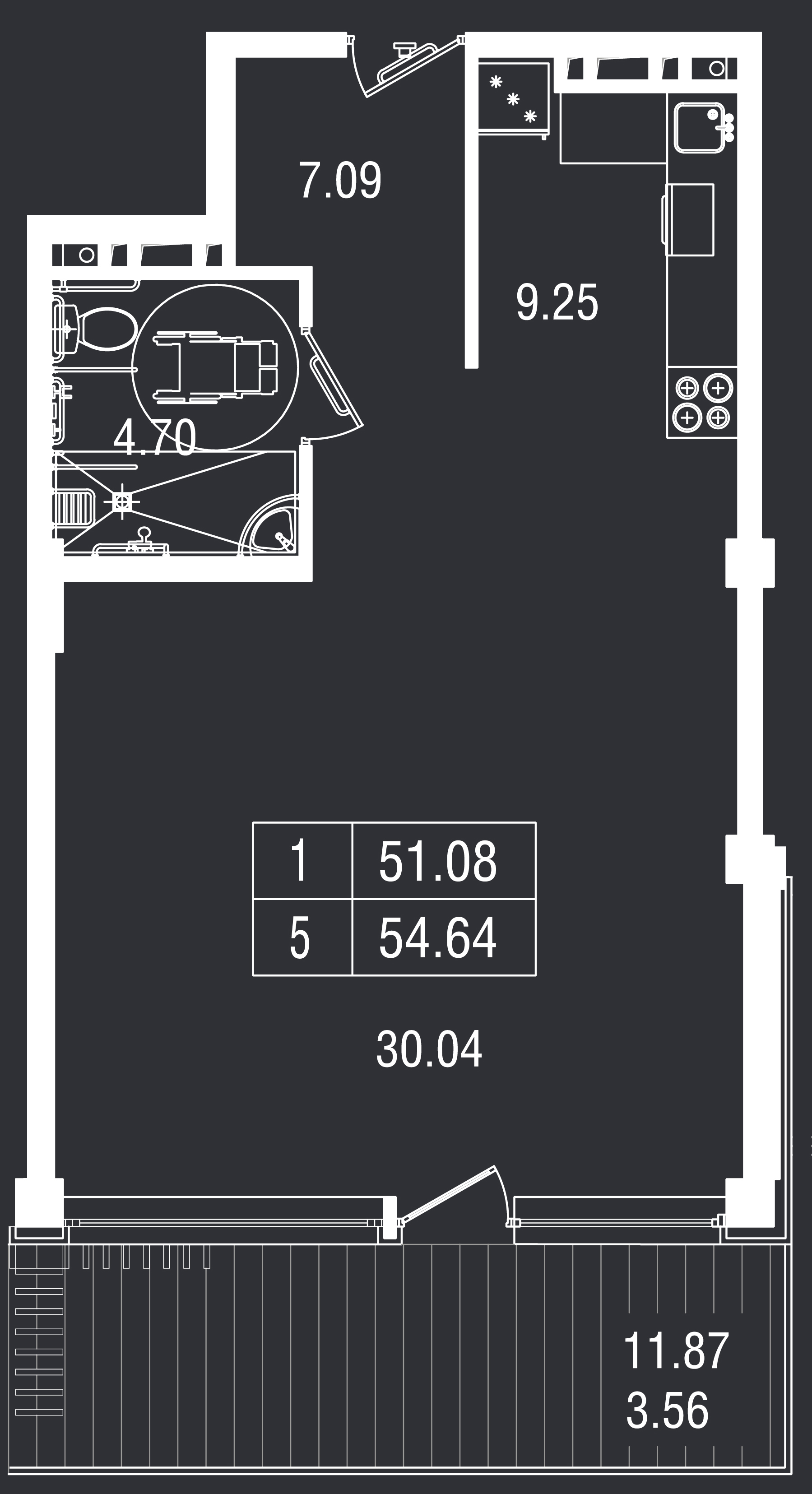 Планировка: 1-комнатная · 54,64 м²