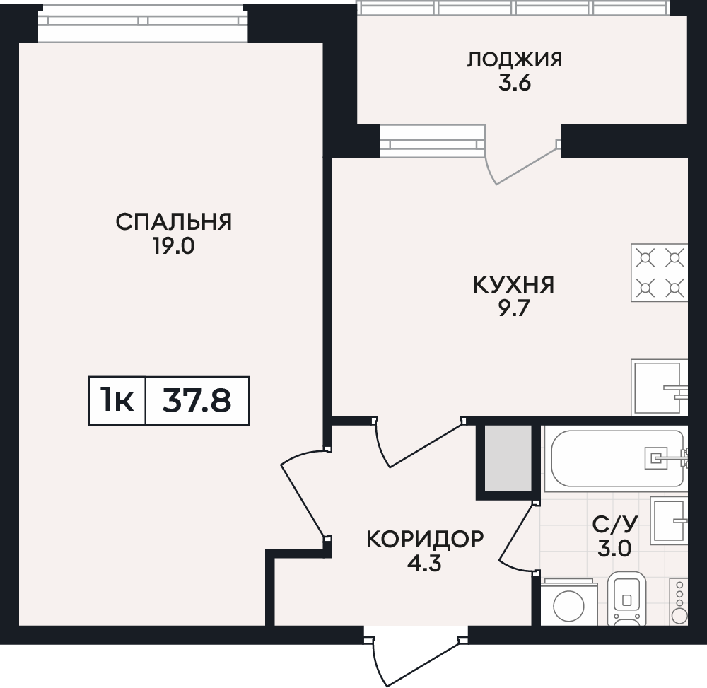 Планировка: 1-комнатная · 37,8 м²
