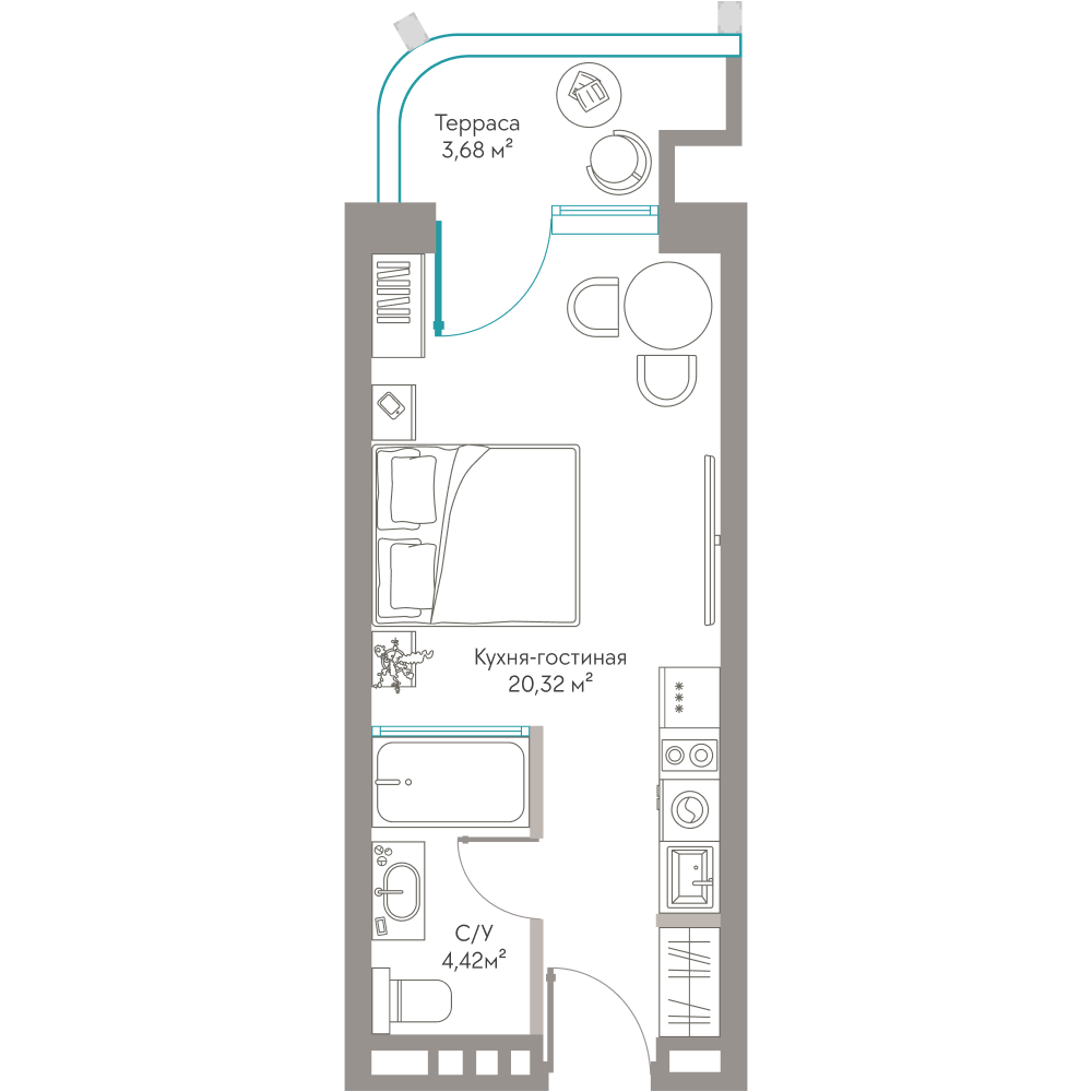 Планировка: Студия · 28,42 м²