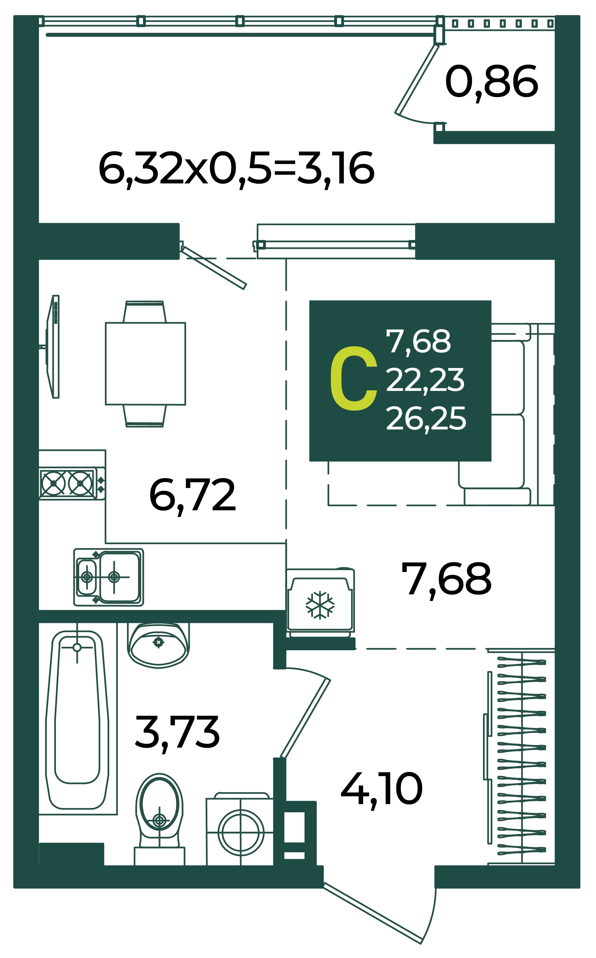 Планировка: Студия · 26,25 м²