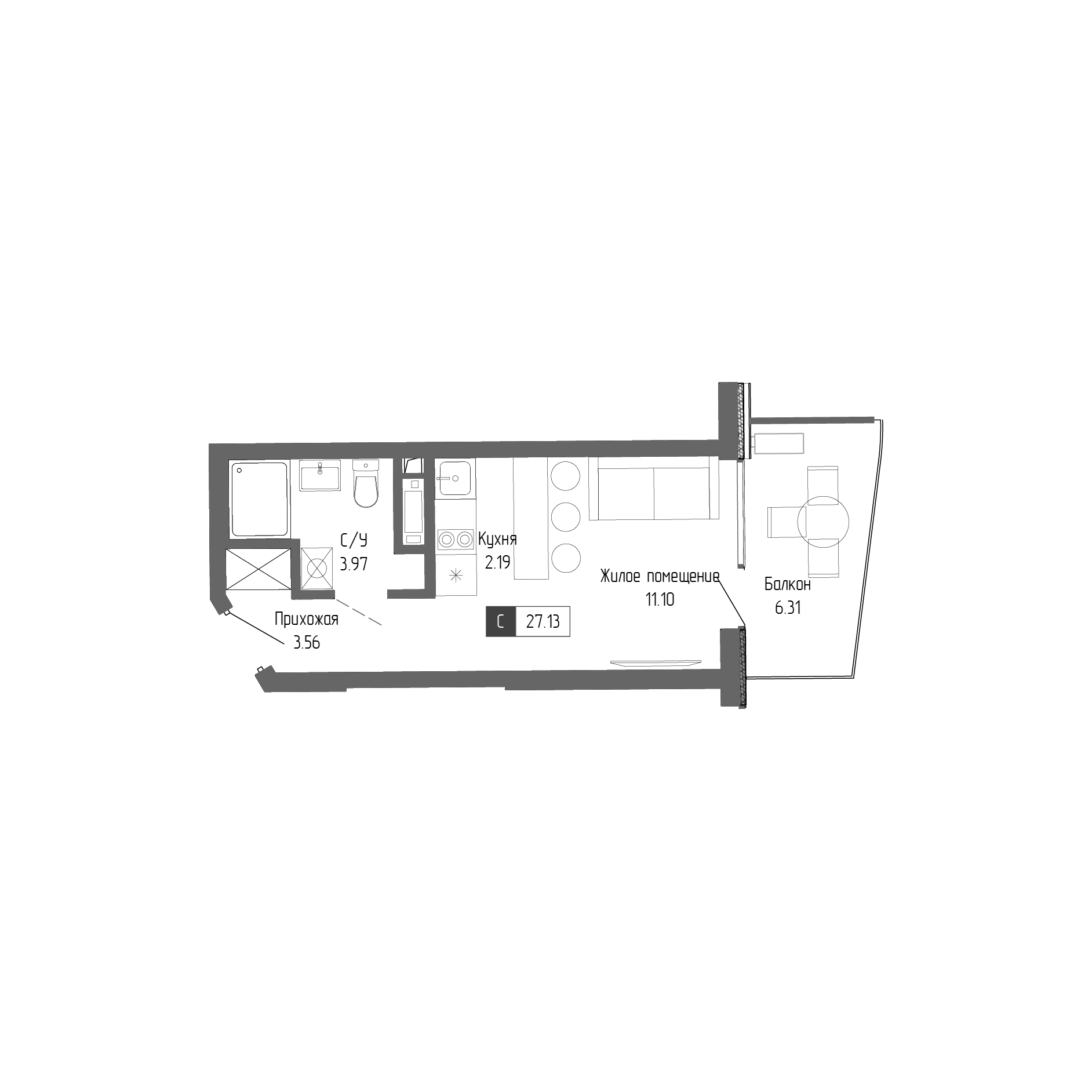 Планировка: Студия · 27,13 м²