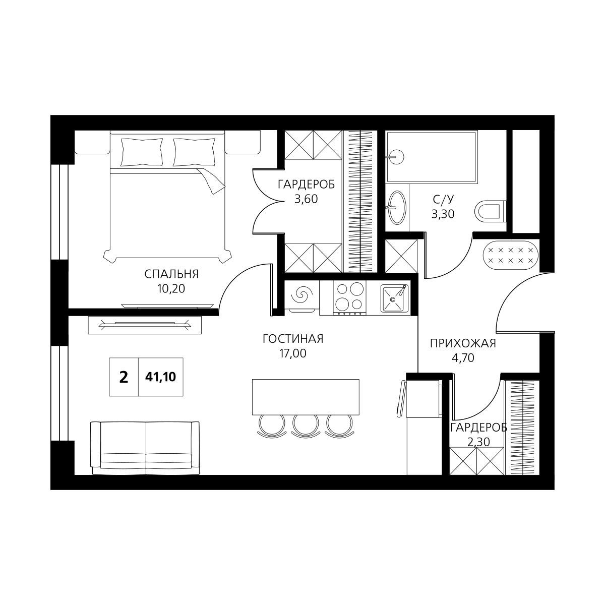 Планировка: Апартаменты · 41,1 м²