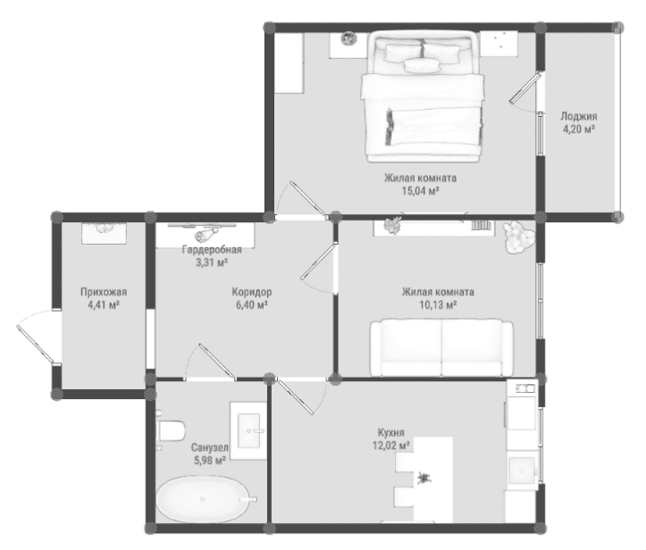 Планировка: 2-комнатная · 59,39 м²