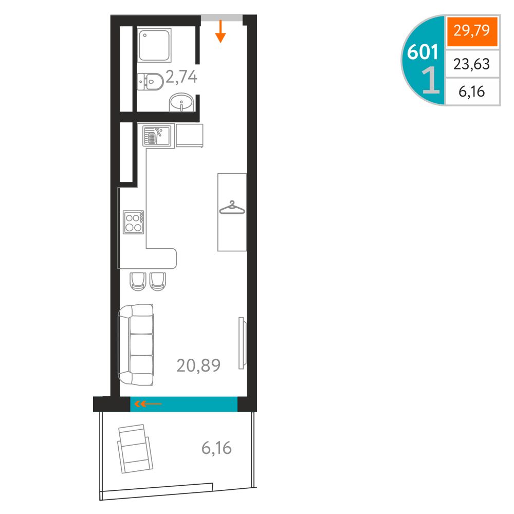 Планировка: Апартаменты · 29,79 м²