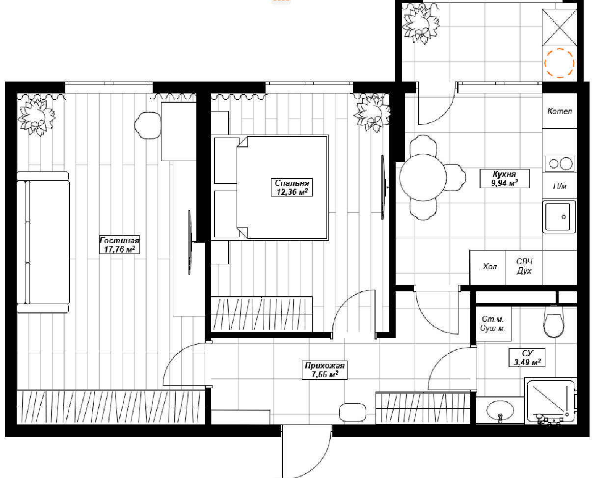 Планировка: 1-комнатная · 55,5 м²