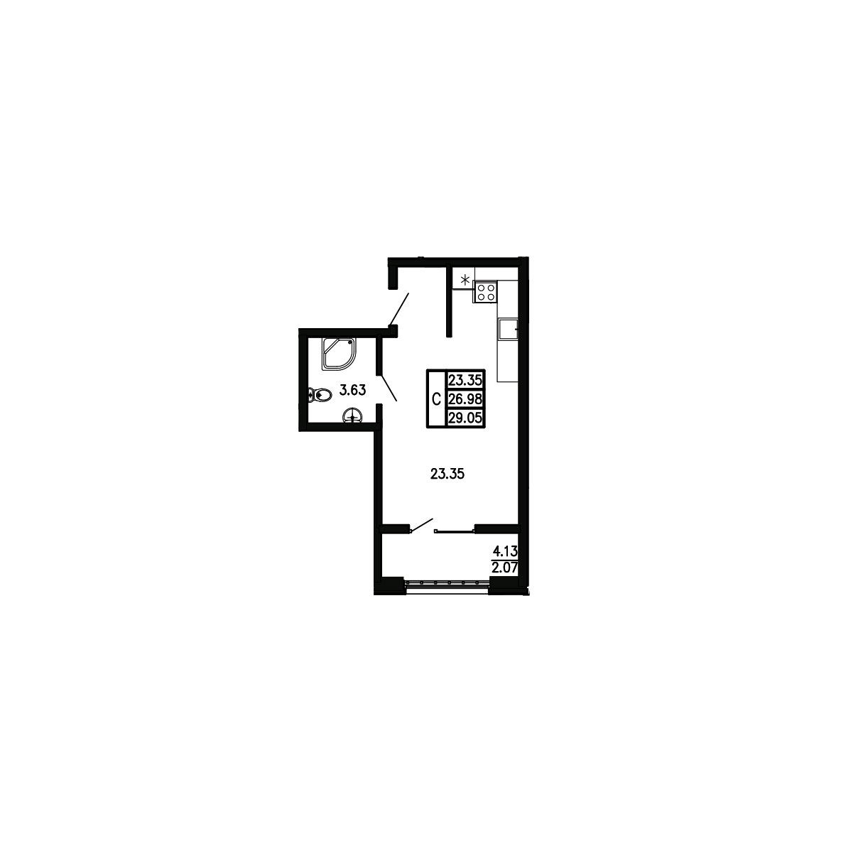 Планировка: Студия · 29,05 м²