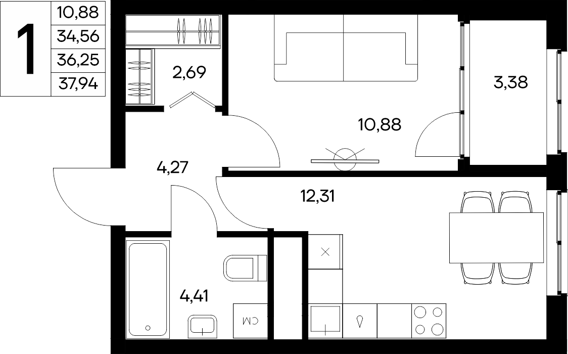 Планировка: 1-комнатная · 37,94 м²