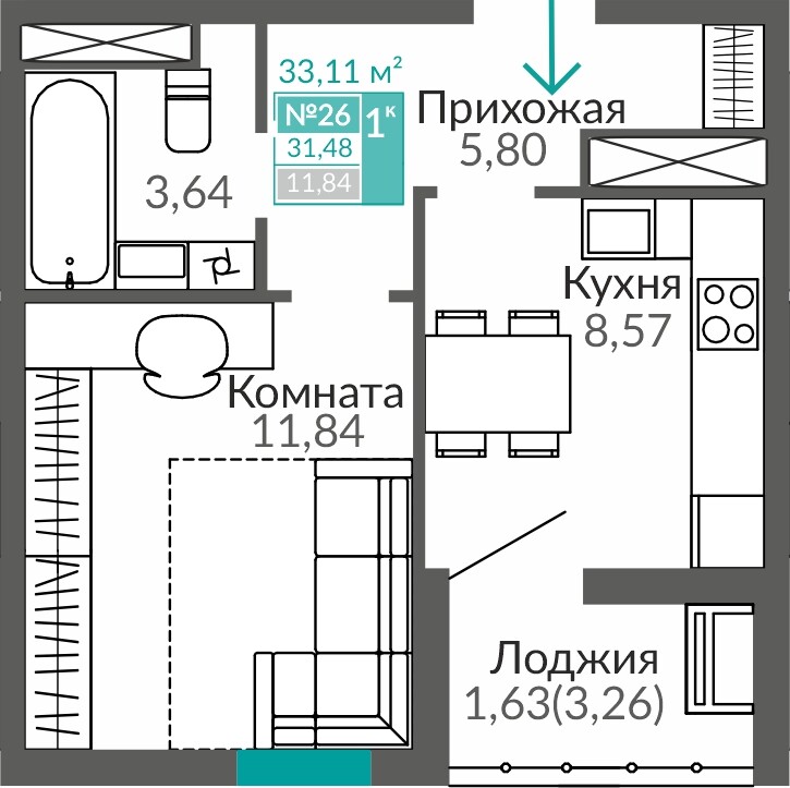 Планировка: 1-комнатная · 31,48 м²