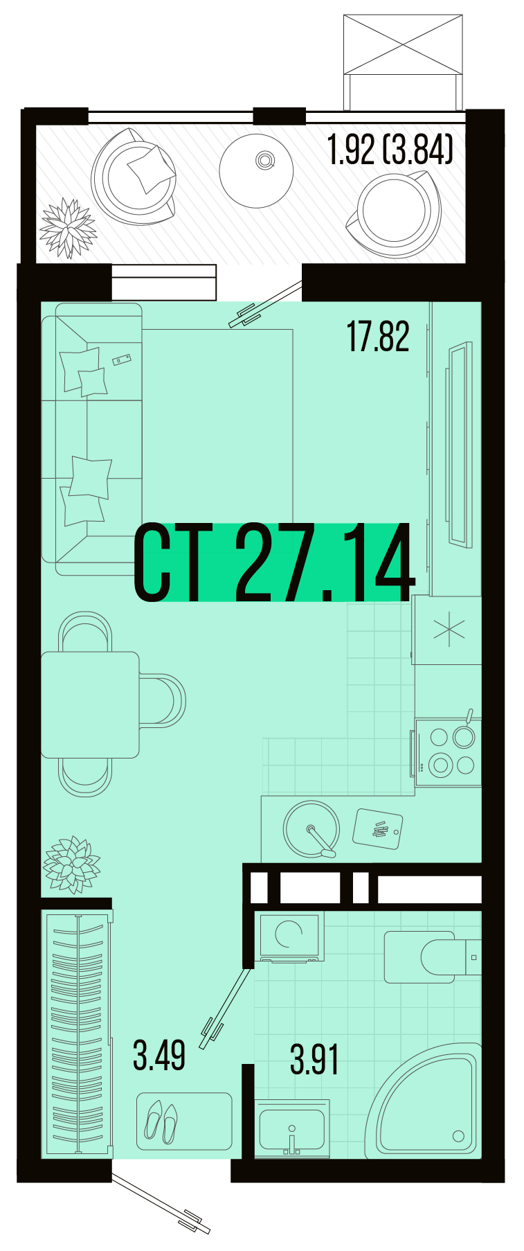 Планировка: Студия · 27,14 м²