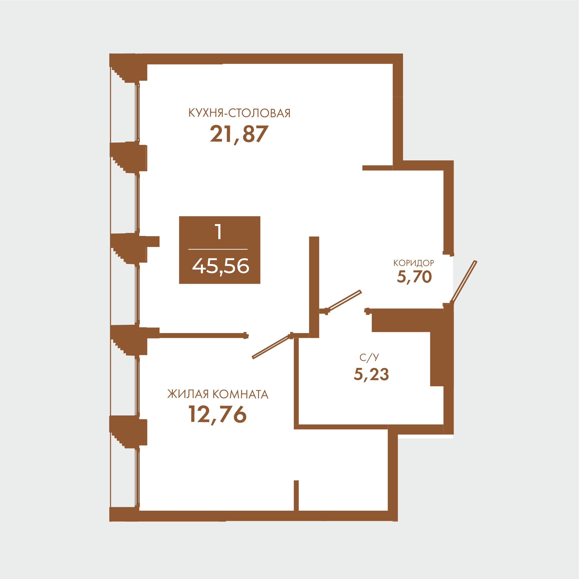 Планировка: 1-комнатная · 45,56 м²