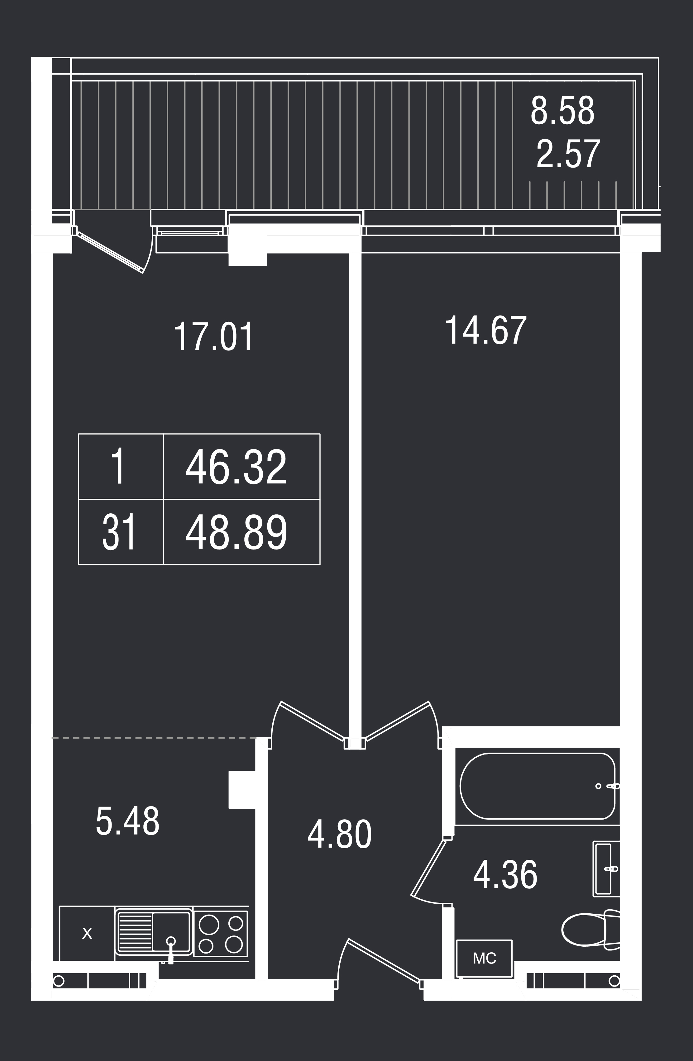 Планировка: 2-комнатная · 48,89 м²