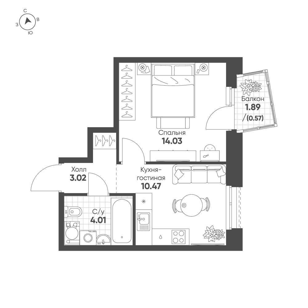 Планировка: 1-комнатная · 32,1 м²
