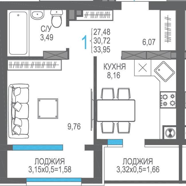 Планировка: 1-комнатная · 30,72 м²