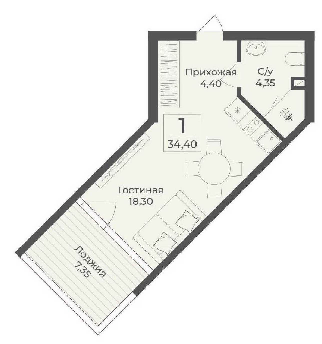 Планировка: 1-комнатная · 34,4 м²